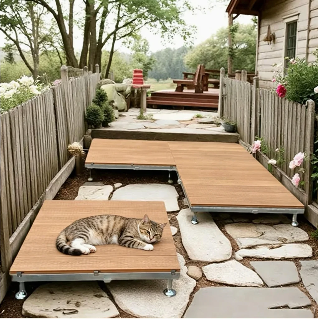 Plateformes posées dans un jardin sur un sol irrégulier, surface parfaitement plane