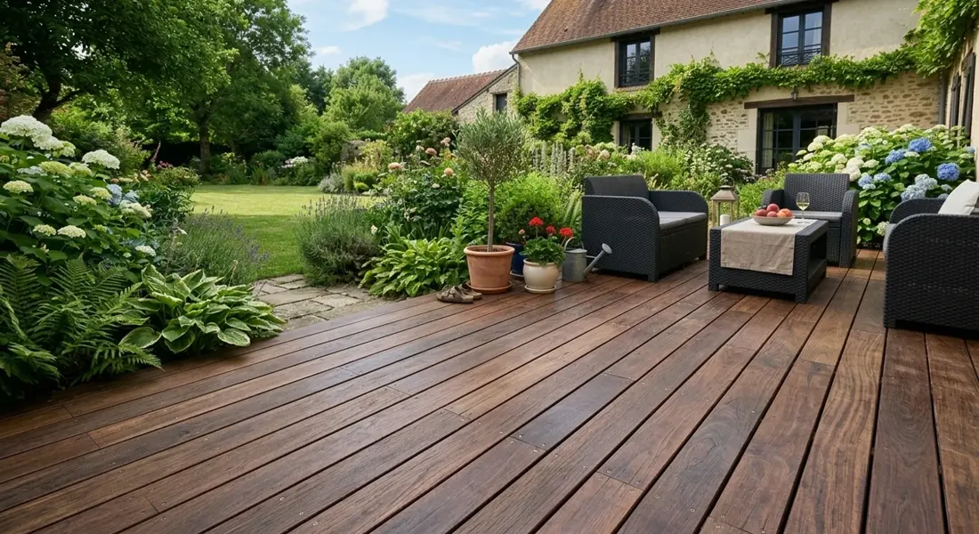 Terrasse lounge en bois foncé avec salon de jardin, au pied d'une maison en pierre fleurie